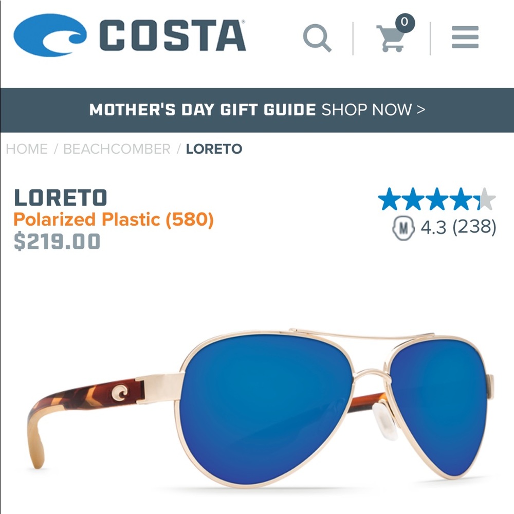 Costa Loreto 580 Polarized Aviator Sunglasses